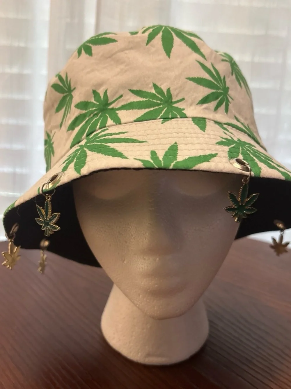 Beige Bucket Hat with Green Leaf Print - Fashion Women's Accessory
